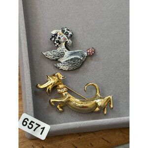 Vintage Gold & Silver-Tone Dachshund & Poodle Dog Brooch Pins With Rhinestone Ac